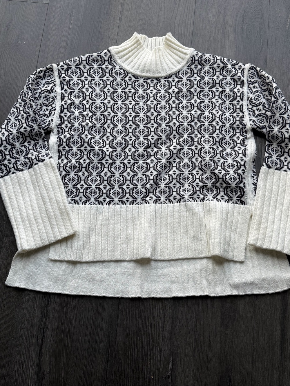 Cream and Black Patterned Mock Neck Sweater